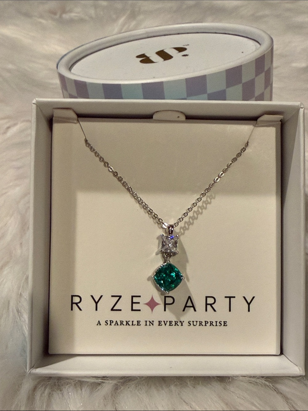 RYZE- glam Silver Necklace with Emerald-Green and Clear Stones